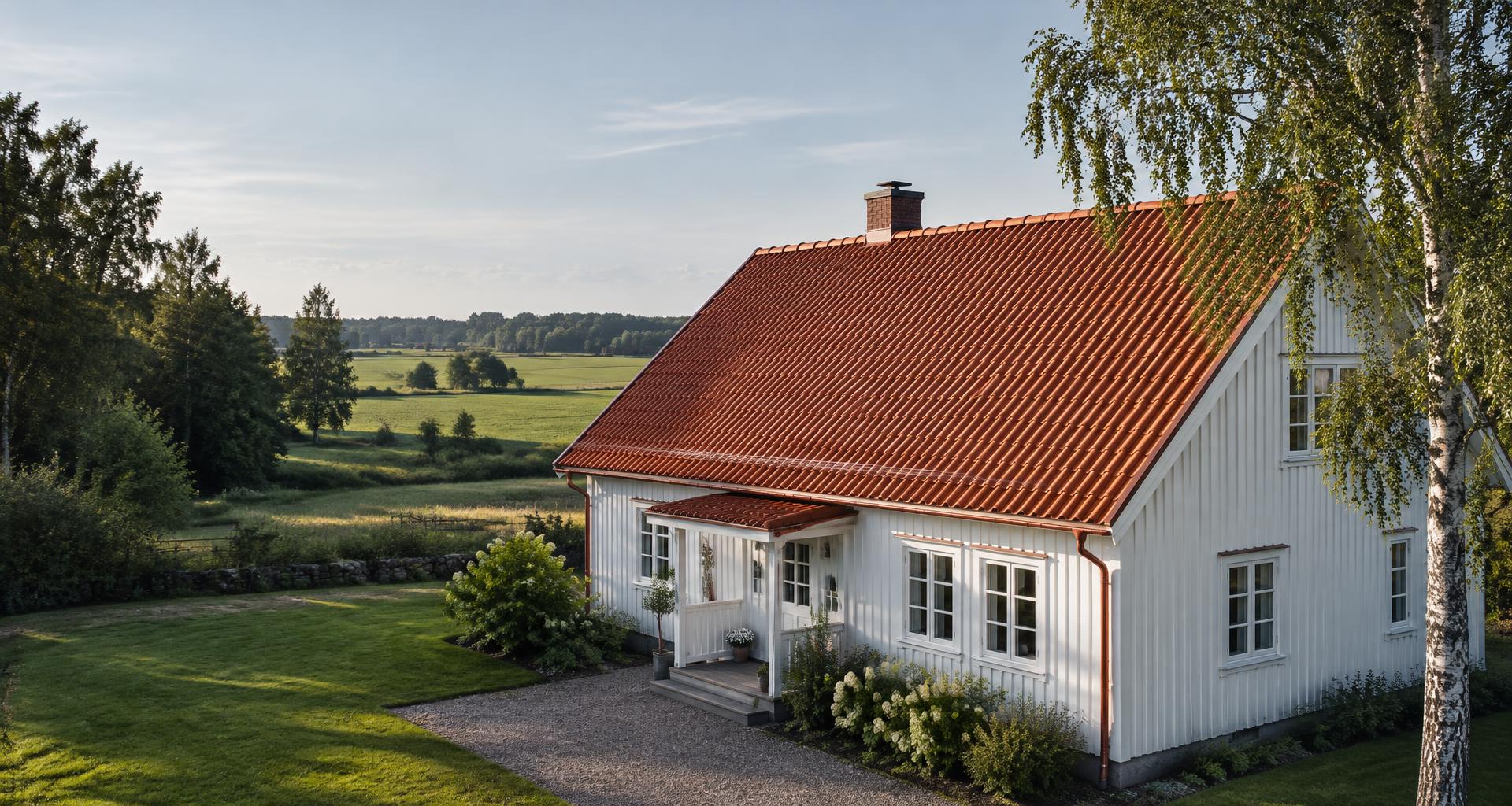 Svensk villa med tegeltak och utsikt över slätten, illustrationsbild